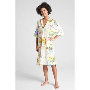 Gap Cotton Linen Oversized Beachy Tropical Island Print Popover Slit Shirt Dress